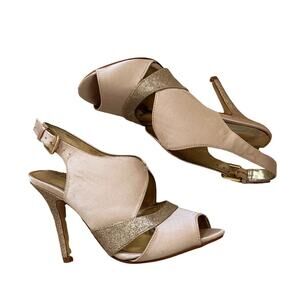 Audrey Brooke Champagne Glitter Gold Peep Toe Slingback Heels NWOT